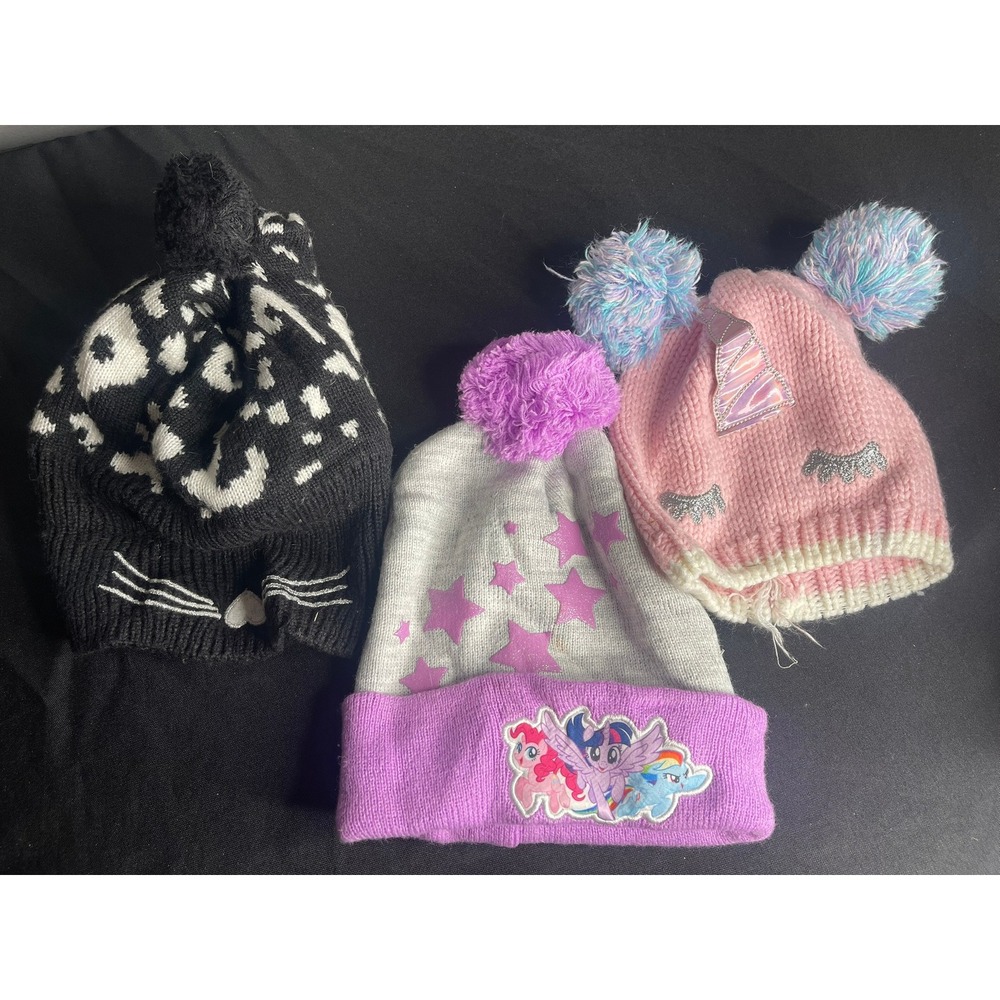 Girls Beanie Hat Lot 3pc My Little Pony Unicorn Cat Pom Pom Winter Knit One Size
